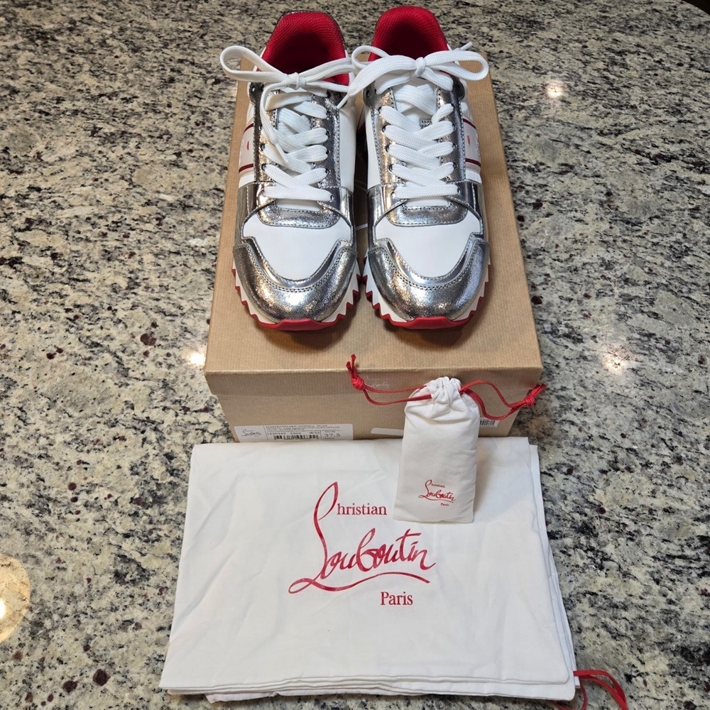 NEW Christian Louboutin Nastroshark Donna Flat Metallic Sneakers Size 37.5 - Picture 2 of 12
